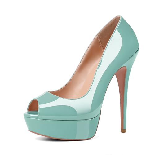YODEKS Women's Peep Toe Platform Stiletto High Heel Pumps Thin Heel Dance Party Dress Shoes Patent Mint Green 5 M US Size