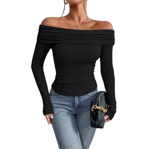 AOWVUTS Camiseta de Manga Larga para Mujer Crop Tops Sexy con Hombros Descubiertos Camiseta Casual Slim Fit T-Shirt Elegante Ajuste Top Clásico Básica Y2K Blusa tee Tops Club Party Streetwear