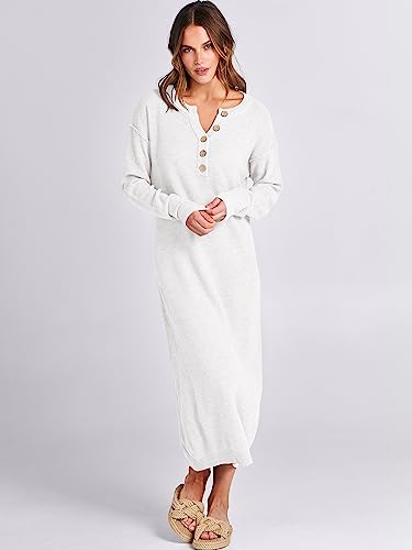 Image of ANRABESS Women Long Sleeve Button V Neck Oversized Casual Loose Fit Waffle Knit Fall Midi Sweater Dress 2026 Trendy Outfits