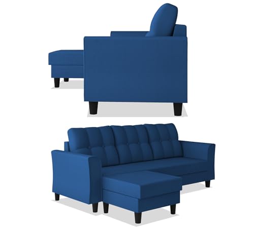 Image of Adorn India Maddox Tufted L Shape 4 Seater Sofa Set (Blue) (3 Year Warranty)