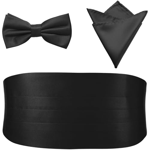 PenSee Mens Formal Solid Pre-tied Bow Tie & Pocket Square & Cummerbund Set Tuxedo Bow Ties for Men Black Medium