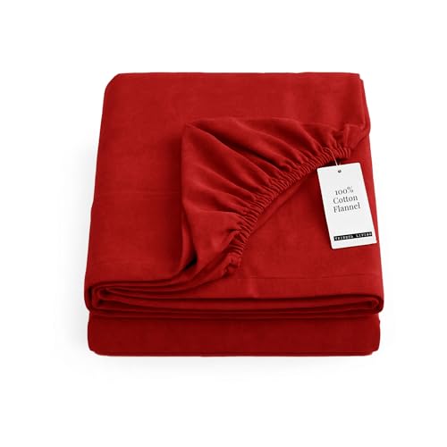 Image of Tribeca Living Queen Flannel Fitted Sheet 170 GSM Brushed Cotton - Extra Deep Pocket Fits Mattresses up to 24 Inches - Warm and Cozy for Cold Nights in Deep Red