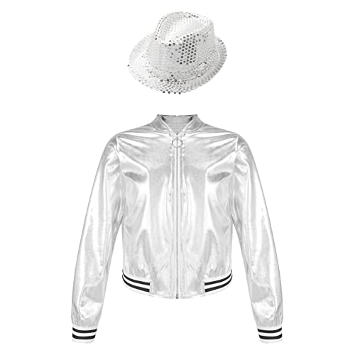 Kids Girls Sequins Long Sleeve Jacket with Hat Lightweight Flight Jacket Boys Bomber Jacket Jazz Dance Outfit Outwear