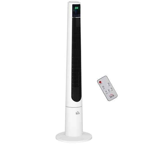 HOMCOM Ventilador de Torre, Ventilador de Pie Silencioso 50W con Control Remoto, 3 Velocidades, 3 Modos, Temporizador 12H, Oscilación 40°, Pantalla LED, para Hogar y Oficina, Blanco