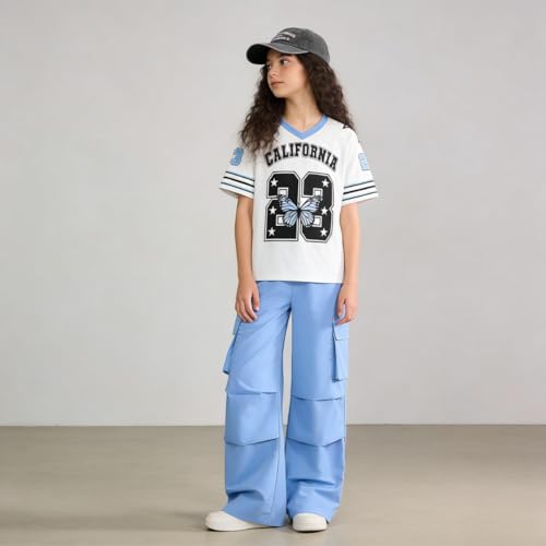 Image of Tween Girls Clothes Short Sleeve Graphic T-Shirt Top + Cargo Pants 2pcs Outfit Set, Size 7-15Years