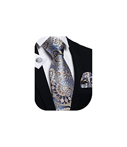 Image of DiBanGu Mens Paisley Tie Set Silk Woven Jacquard Necktie and Pocket Square Cufflinks Gift Set for Wedding Bussiness