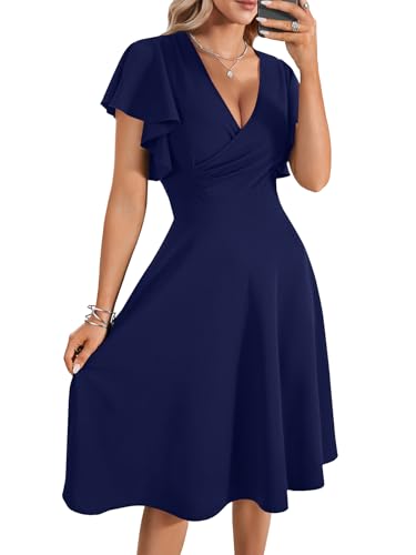 Image of LYANER Women's Warp V Neck Ruffle Short Sleeve A Line Swing Flared Cocktail Party Midi Dress