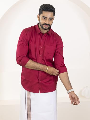 Image of RAMRAJ COTTON Men Premium Cotton Full Sleeves Shirt and Fancy Border Dhoti Set Luxe Set