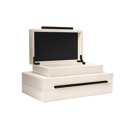 Image of Sagala Set of 2 Beige Shagreen Decorative Boxes With Black Metal Handles, Faux Leather Jewelry Boxes Modern Storage Boxes Photo Boxes Memory Boxes Home Organizer (Beige-Black Handle)