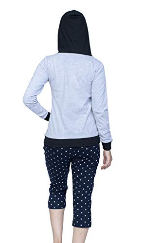 Image of Women's Embroidered /Printed Cotton Hooded Full Sleeve Grey Top and Black Capri Set (Medium)