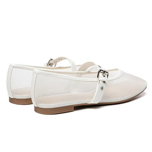 Rihero Women's Mesh Ballet Flats Ballerina White Mary Jane Flats Shoes Women Dressy Comfotable Size 7.52