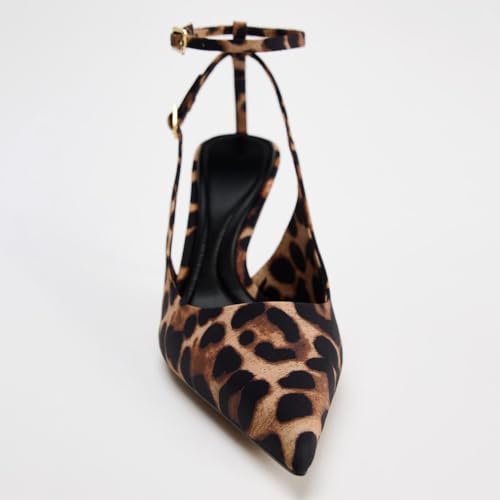 YIYA Women's Leopard Print Slingback Kitten Heels Pumps Sexy Pointed Toe Stiletto High Heels Ankle Strap Party Dress Shoes3