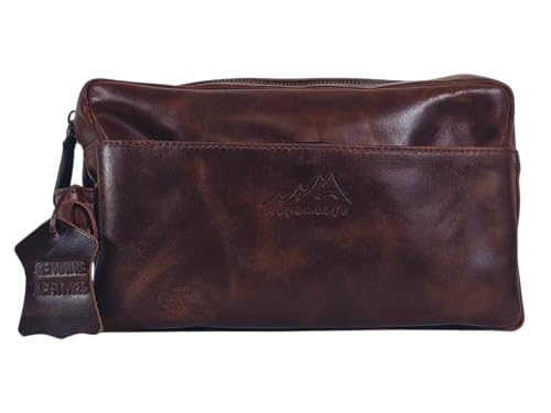 Alpenlife Kulturtasche aus Leder, Elegante Kosmetiktasche für Damen und Herren (Oil Pull-Up, Dunkelbraun)
