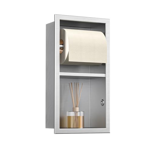 Bernkot Unterputz-Toilettenpapierhalter Edelstahl, Badezimmerschrank mit Toilettenpapierhalter Halterung, Klopapierhalter mit aufbewahrung, 34×18×10cm, Silber