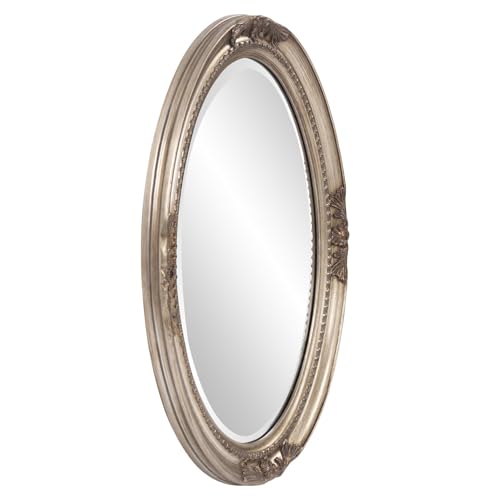 Image of Howard Elliott Collection Queen Ann Oval Antique Silver Leaf Wall Mirror, Oval Bevelled Hanging Wood Framed Vanity Mirrors for Home Decor, Living Room, Bathroom, Bedroom, or Hallway, 25 x 33 Inch