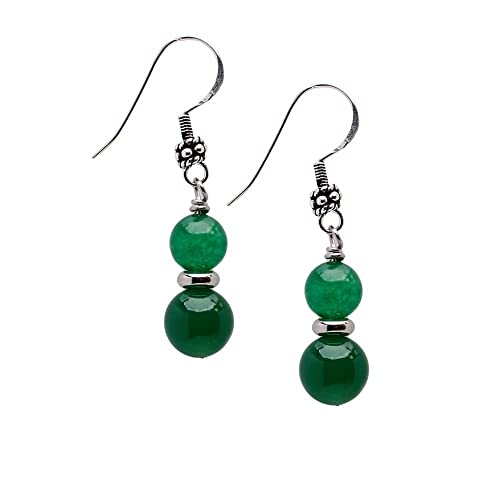 VN Jewelry Handmade Women's Natural Gemstone Double Beaded Sterling Silver Dangle Drop Earrings | Gift for Women, Girls (Green Agate)