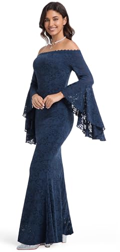 Image of HOYISHION Women's Off The Shoulder Floral Lace Maxi Dress White Bridesmaid Wedding Party Maternity Photoshoot Long Dresses