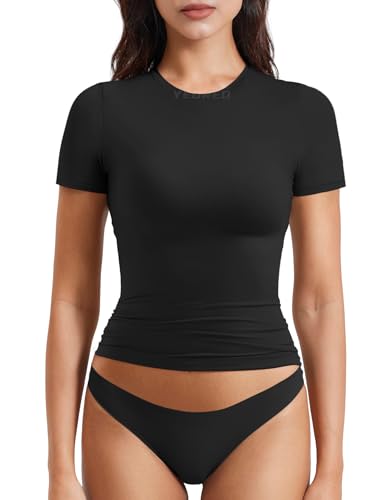 YEOREO Women Fitted Workout Tops Short Sleeve Double Lined Basic Y2K Going Out Crew Neck Compression Crop Top Black M