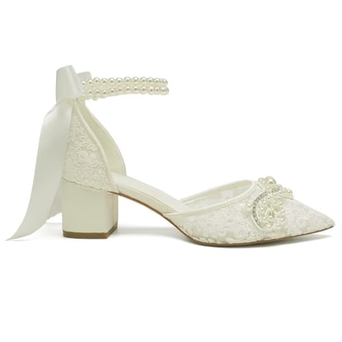 Lace Pearl Wedding Shoes for Bride Block Heel Bridal Shoes Closed Toe Wedding Heels4
