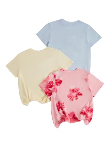 Image of RoseSeek Girl's Shirts 3 Packs Star Butterfly Graphic Tees Crew Neck Short Sleeve T Shirt Casual Tops