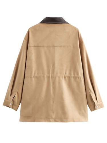 Women's Barn Jacket Faux Suede Leather Jackets Oversized Casual Adjustable Waist Coat with Pockets4