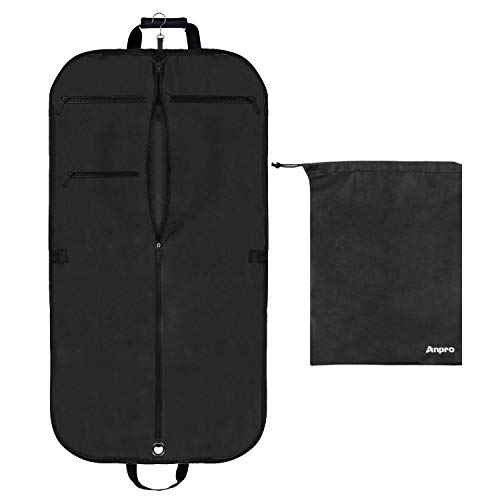 Anpro Housse de Costume Voyage Pliable Imperméable112cm x 57cm avec Crochet Bandoulière Réglable,1X Housse de Chaussure Protection Vêtements 2 Ruban Elastique Fixer Costume 3 Compartiments pour Homme