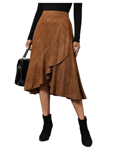 SweatyRocks Women's Ruched High Waist Skirts Asymmetrical Ruffle Hem Casual Solid Zipper Midi Skirt2