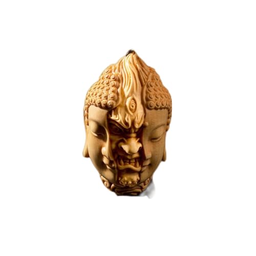 Handcarved Dual-Face Buddha Demon Wooden Pendant Necklace, 2.3 x 1.35 inches (01)