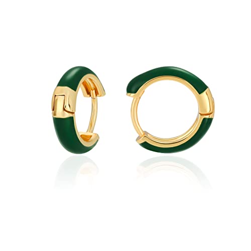 MESOVOR Kleine Goldene Creolen Ohrringe für Damen, 18 Karat Vergoldete Leichte Huggie-Ohrringe | Hypoallergene Ohrringe aus Emaille Geschenke für Mädchen (Dunkelgrün) Cover