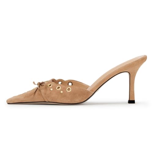 Mattiventon Nude Kitten Heels for Women Pointed Toe Heel Slip On Suede Dress Kitten High Heel Pumps Backless Wedding Shoes Size 8