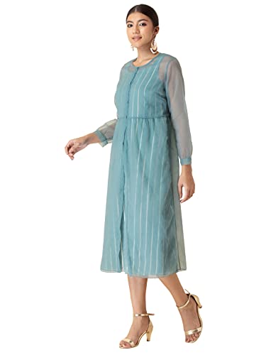 Image of Indya Women's Fit and Flare Cotton Striped Chanderi Dress with Organza Jacket Midi