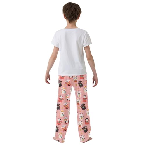 Funny Lucky Cat Boys Long Pants Soft Trousers Elastic Waist Kids Lounge Bottoms with Pockets S-XL3