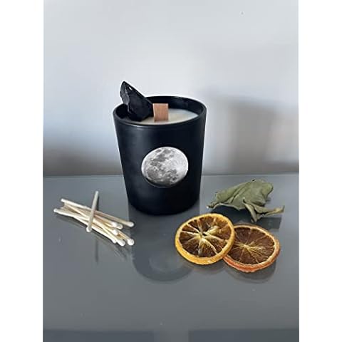 Moon and Crystal Obsidian Black Volcanic Rock Candle ... fragranced Soy Wax Wooden Wick Candle 300g Black Pot Gift Present £10.99 Free p&p Cover