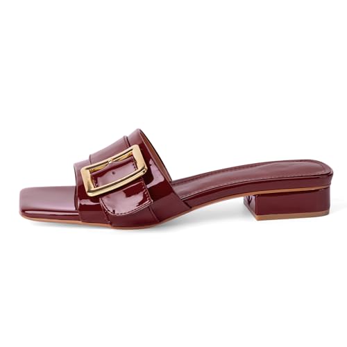 Image of Women's Slide Heeled Sandals Opened Square Toe Chunky Block Heel Slippers with Buckle Slip on Casual Comfortable Pumps