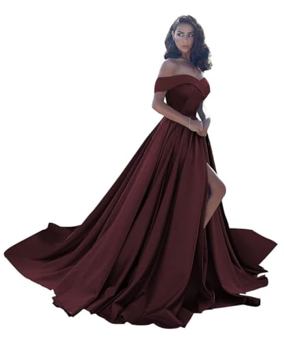 Off Shoulder Satin Prom Dresses Ball Gown Plus Size Formal Dresses for Women Wedding Dress with Slit