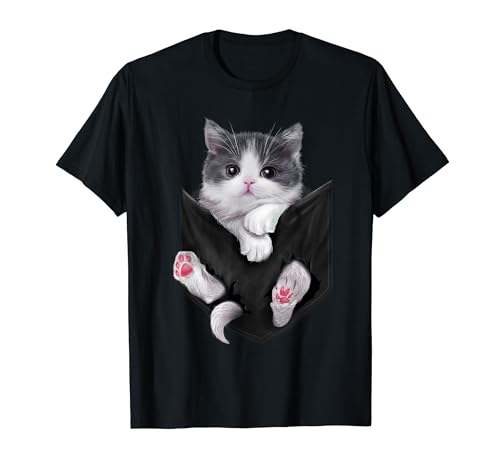 Cute Cat Grey White Kitten Pocket Men Women Kids T-Shirt