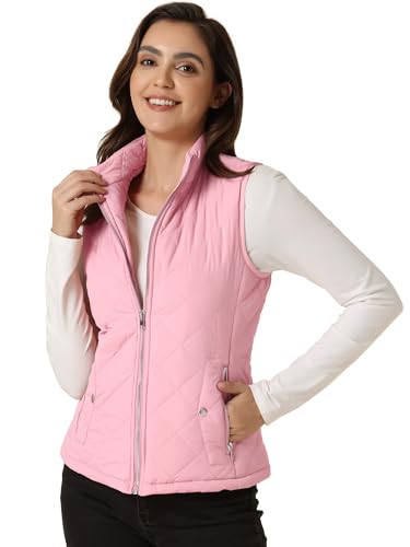 Allegra K Woman Zip Up Front Stand Collar Slant Pockets Quilted Padded Vest X-Large Pink