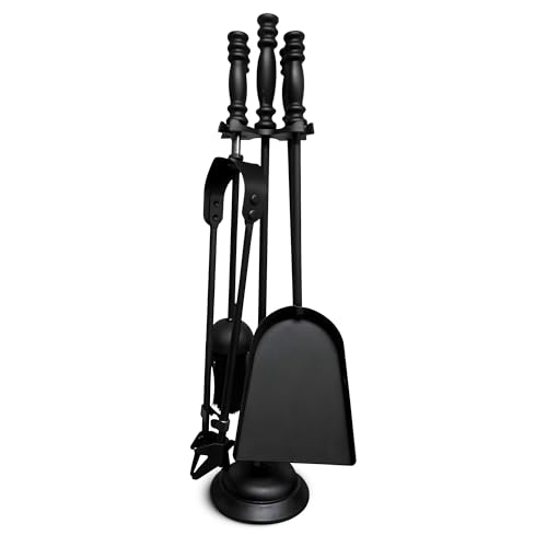 BLADO 5 Pc Black Fireside Companion Set–Durable Cast Iron Fireplace Accessories for Wood Burning Stove–Fire Poker Shovel Fire Brush–Complete Companion Sets for Log Burners – 5 Fireplace Tool Sets