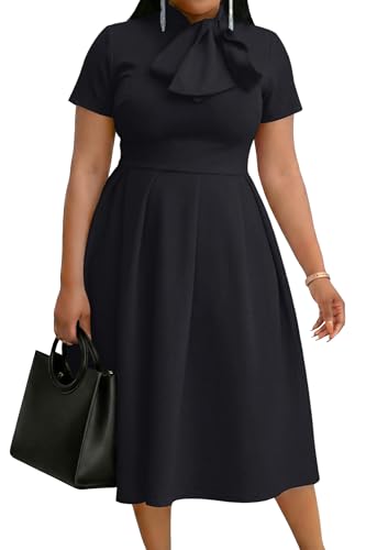 Image of FANDEE Midi Dress for Women Casual Short Sleeve A-line Semi Formal Fit and Flare Dress Classy Tie Neck Work Business Dresses