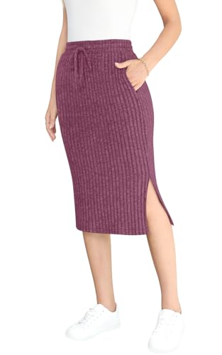 Yincro Women's High Waisted Fall Winter Midi Skirt with Pockets