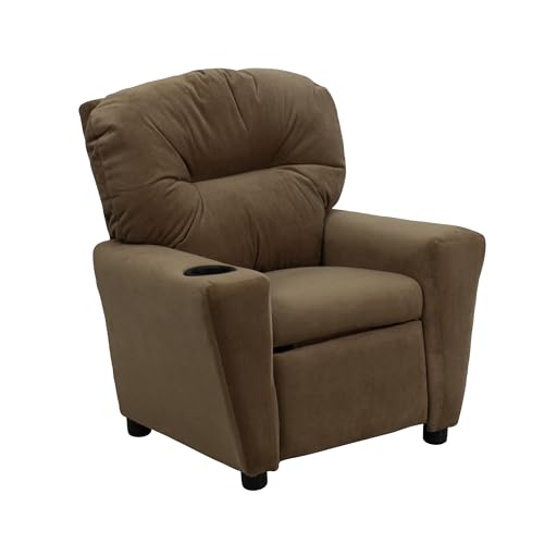 Flash Furniture Chandler Microfiber Kids Recliner with Cup Holder and Safety Recline, Contemporary Reclining Chair for Kids, Supports up to 90 lbs., Brown