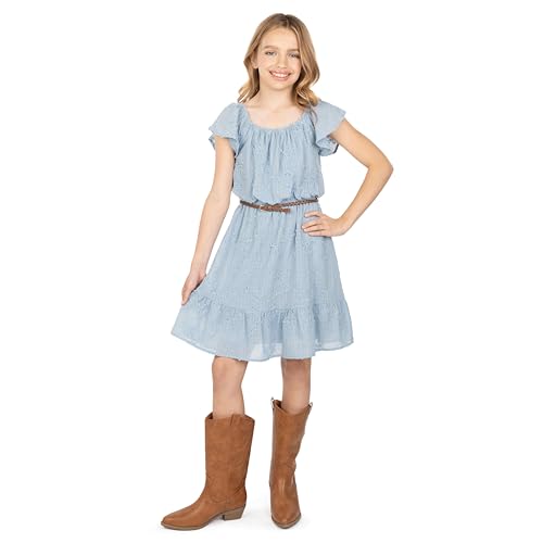 Speechless Girls' Flutter Sleeve Textured Woven Knee-Length Dress with Braided Belt