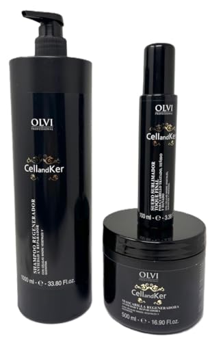 Champú, mascarilla y sublimador de células madre vegetales y Queratina Olvi. Reparador del envejecimiento capilar
