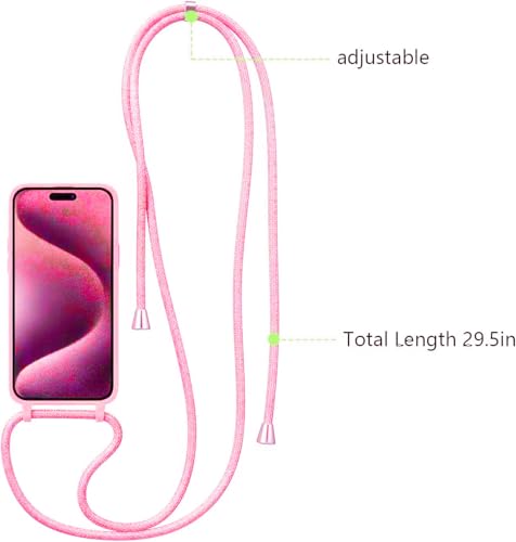 Crossbody Case for iPhone 15 Pro Max with Lanyard Strap Adjustable Rope, Liquid Silicone Soft Cover for iPhone 15 Pro Max 6.7 inch-Pink