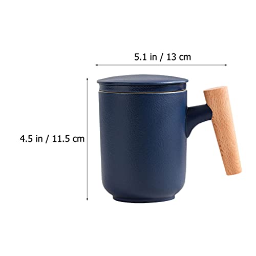 Cabilock Caneca de café de cerâmica com tampa e cabo de madeira, copo de cerâmica para chá azul, can