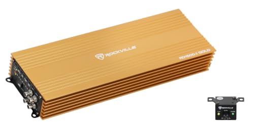 Image of Rockville Mono 1-Ohm Car Amplifier, Class-D, Metal Bass Remote w /Clip Indicator, Low Pass & Subsonic Filters, Compact & High-Efficiency, Ideal for Subwoofers (Gold, 1500w RMS)