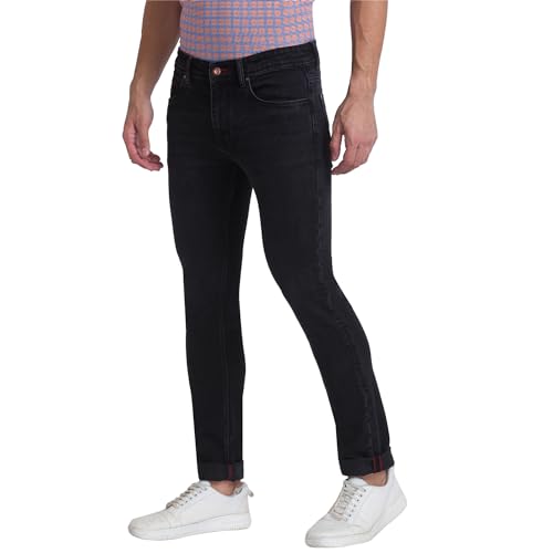 Image of Raymond Men's Cotton Blend Solid Pattern Slim Fit Flat Front Jeans