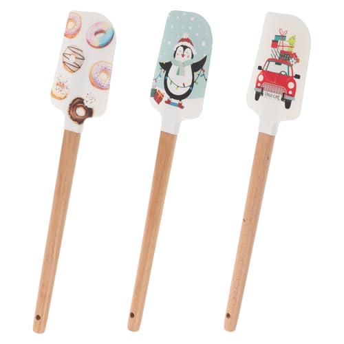 Mobestech 3 St Silikonbakspatel med Trähandtag Julinspirerad Kakspatel med Tecknat Mönster Mångsidig Kakespade för Glasyr Smör Ost och Grädde Ergonomisk och Repfri Bakningsutrustning för