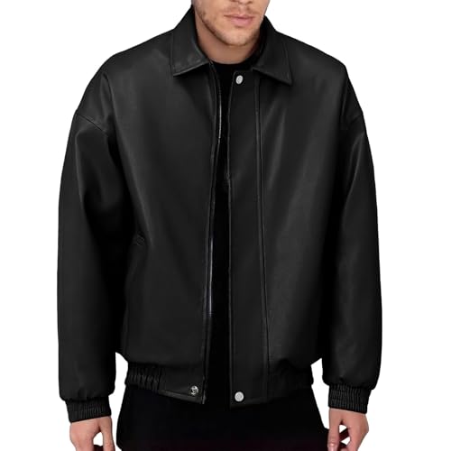 Generisch Chaqueta de cuero para hombre vintage: chaqueta de piel sintética con solapa para motocicleta, chaqueta bomber con cremallera, chaqueta de motorista ligera, ajustada, chaqueta para