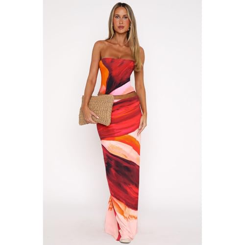 Image of Goafuliy 2 Piece Skirt Sets for Women Summer, Floral Sleeveless Tube Top Bodycon Maxi Skirts Y2k Vacation Going Out Outfits